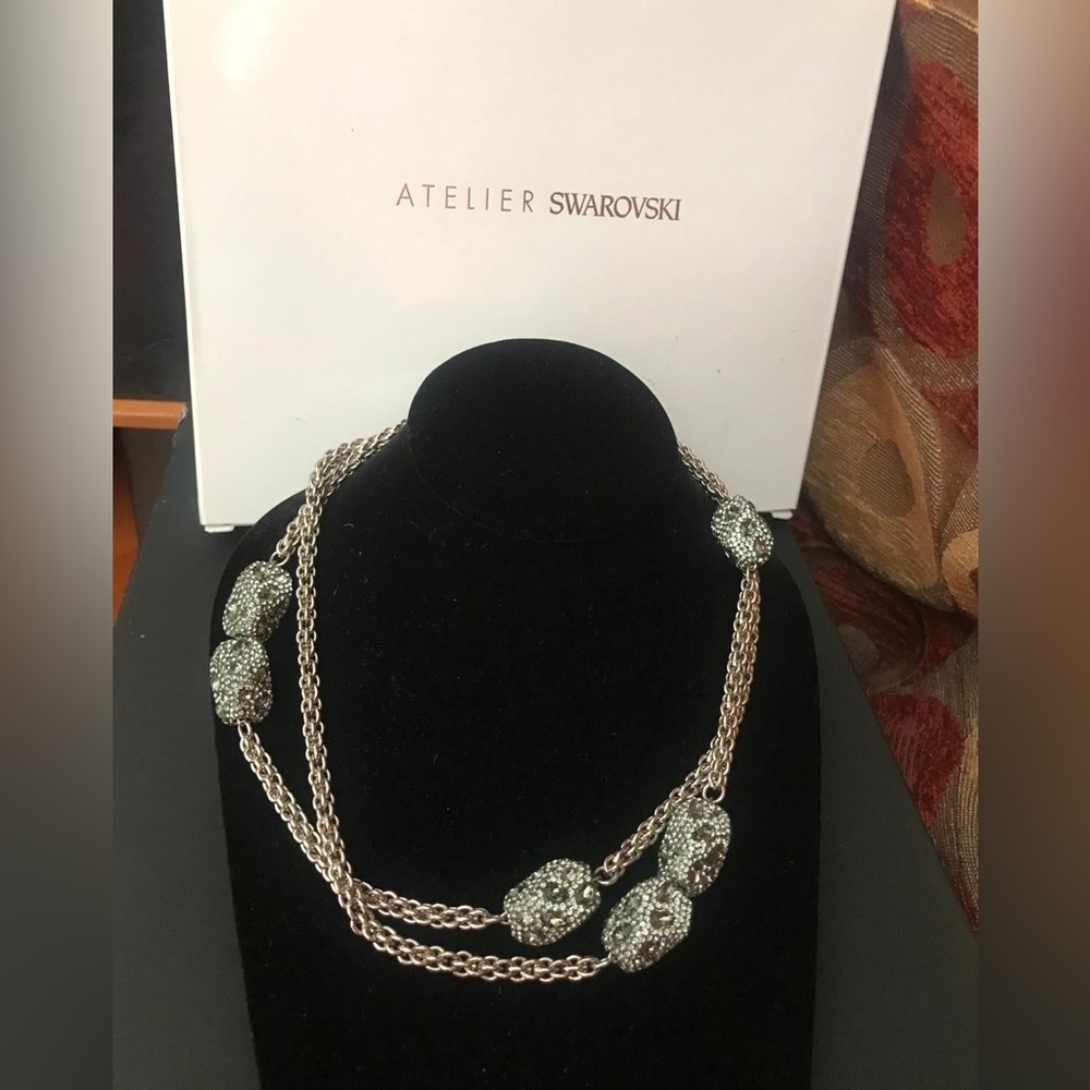 Atelier Swarovski moselle strandage crystal necklace in silver gunmetal tone.